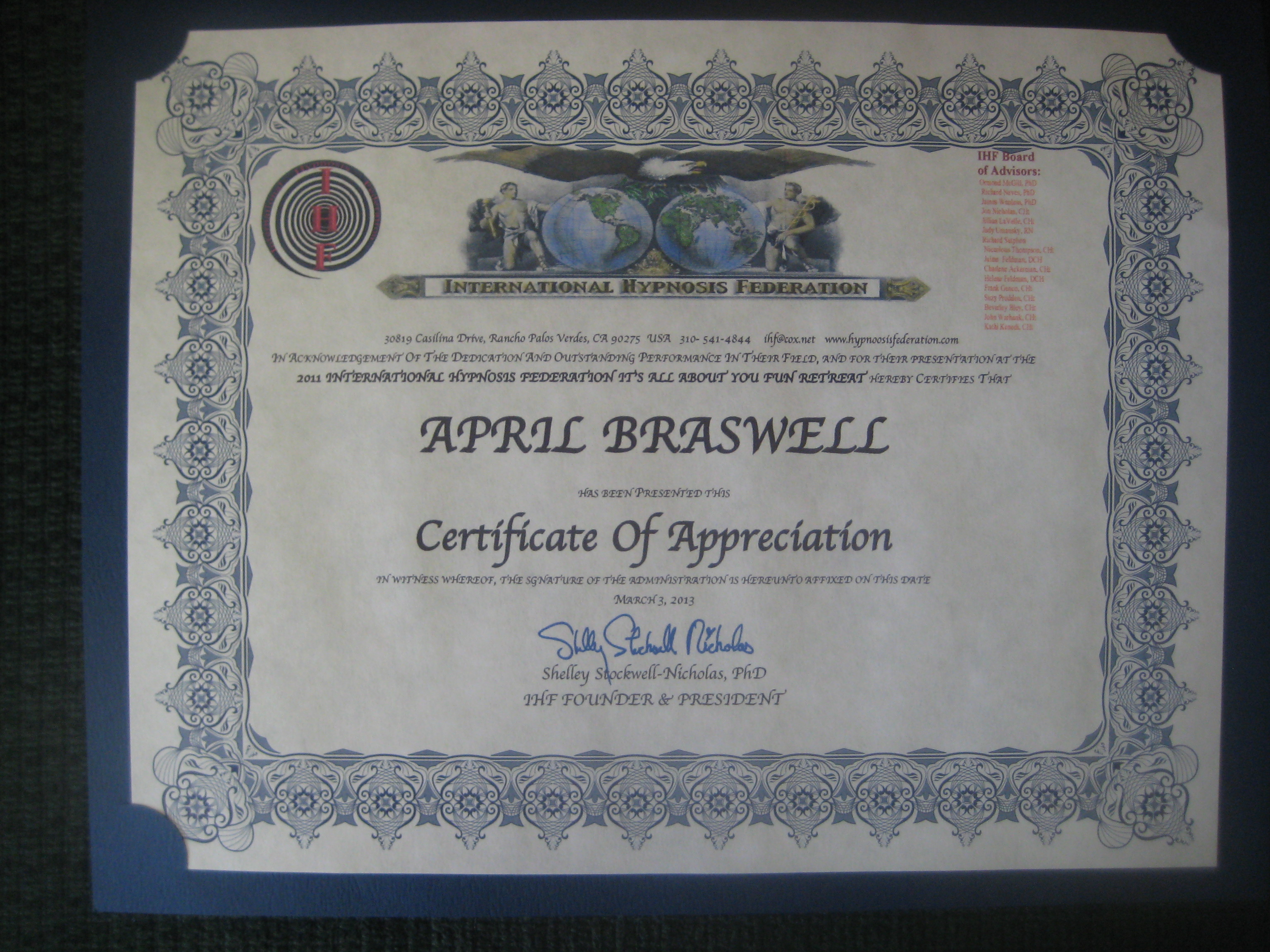 IHF certificate of hypnosis appreciation